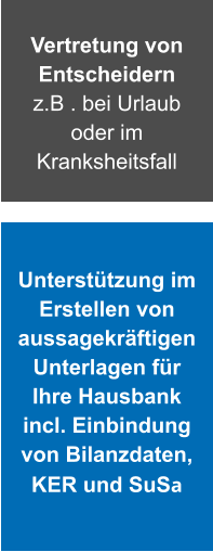 Vertretung von Entscheidern z.B . bei Urlaub oder im Kranksheitsfall Unterstützung im Erstellen von  aussagekräftigen Unterlagen für Ihre Hausbank incl. Einbindung von Bilanzdaten,  KER und SuSa